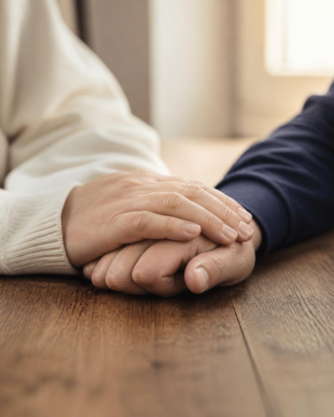 Two people sitting together with their hands gently clasped in prayer